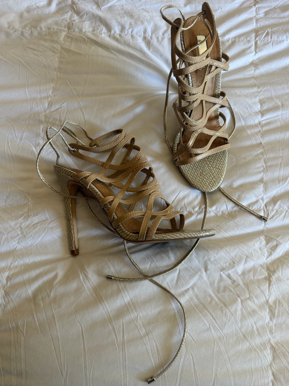 Topshop Snakeskin Leather Lace-up Sandals - nude